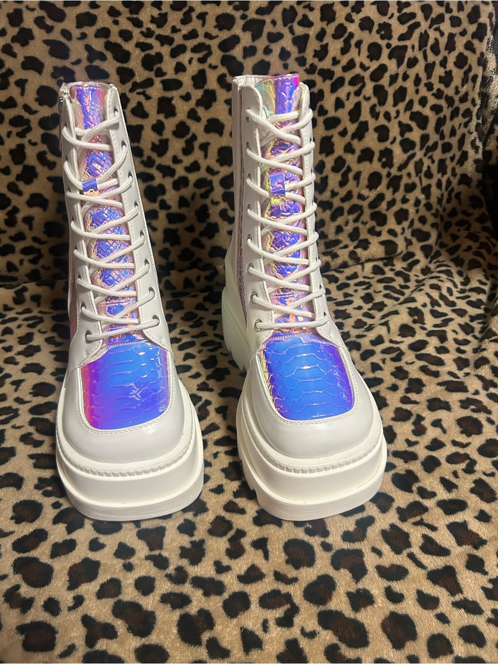 Cape Robbin White Lace-Up Platform Boots with Iridescent Blue Accent